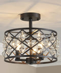 Farmhouse Semi Flush Mount Ceiling Light With Crystal Teardrops, Matte Black Finish, E12 Base, 3 Lights, Drum Net Shade, D13 x H12