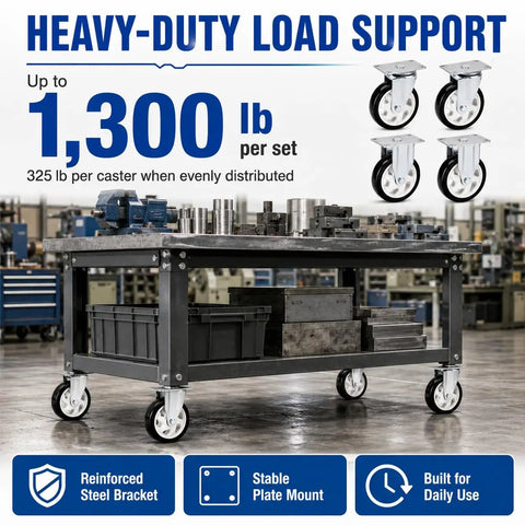 5 Inch Heavy Duty Caster Wheels Set Of 4 Black PU Tread With 2 Rigid And 2 Swivel Units on a heavy-duty workbench holding up to 1,300 lbs.