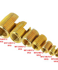 50Pcs Brass Tone Self Tapping Slotted Thread Inserts Kit For Quick Thread Repair No Pre Threading Needed Strong Tensile Strength And Vibration Resistant Easy To Use Thread Repair Tool Set. Brass thread insert sizes M3 to M16 displayed