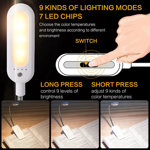 Clip On Book Light With Seven LEDs And Nine Color Temperature Modes for bedside reading, focusing on switch settings and usage