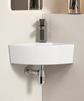 Triangle Corner Sink for Bathroom, Wall Mounted Ceramic Vessel Sink, White Gloss Finish, compact design with faucet.
