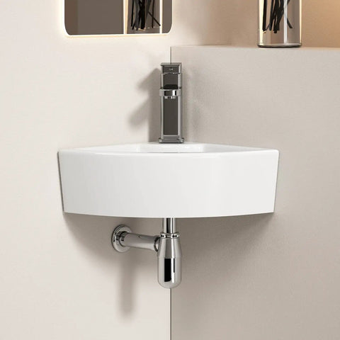 Triangle Corner Sink for Bathroom, Wall Mounted Ceramic Vessel Sink, White Gloss Finish Space-Saving Design for Small Bathrooms, Powder Rooms, Laundry with faucet.