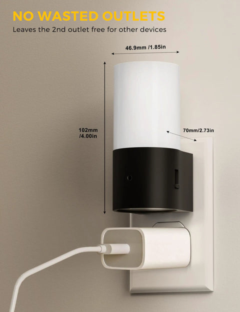Two Pack Plug In Night Light With Dusk To Dawn Auto On Off, Soft White 3000K Cozy Glow, shown on wall with outlet free