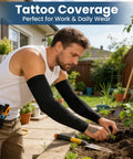 Man gardening outdoors wearing 8 Pairs Soft Arm Sleeves With UPF 50 Plus Sun Protection Cooling Compression Arm Covers in black.