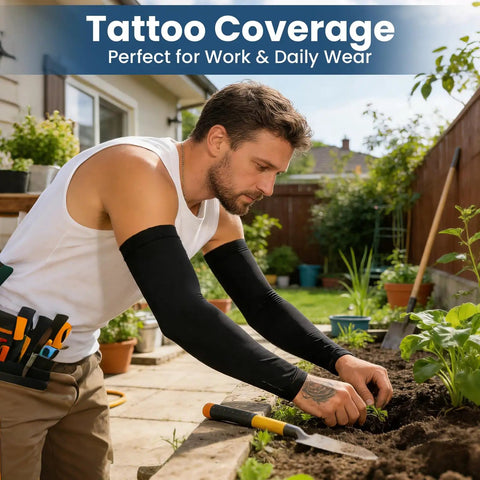 Man gardening outdoors wearing 8 Pairs Soft Arm Sleeves With UPF 50 Plus Sun Protection Cooling Compression Arm Covers in black.