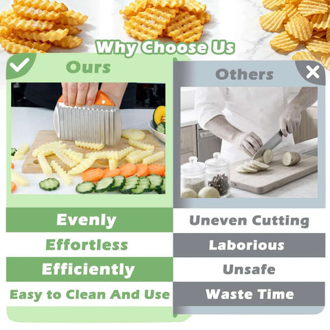 Front view of orange-handled crinkle cutter with wide serrated blade slicing potatoes into crinkle fries on a cutting board