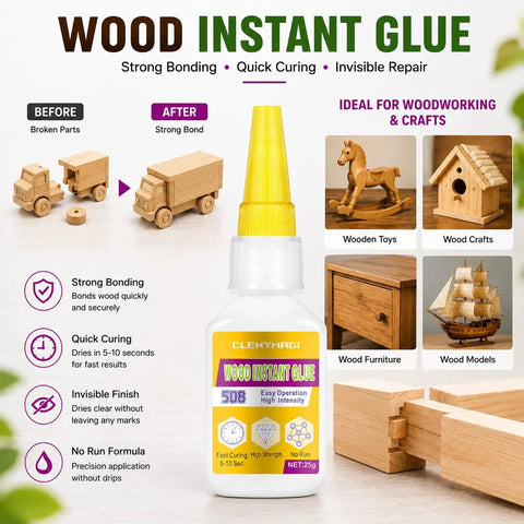 Heavy Duty Fast Setting Wood Glue For Furniture And Woodworking And Clear Water Resistant Adhesive With A Knockout Grip Perfect For Real Deal Diy Projects And Home Crafts in a bottle with detailed uses for wood repairs and crafts.
