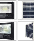 JUDYSSY Solar Flood Lights 60W Solar Outdoor Patio Lighting, Bright Ip67 Flood Light Led ligent light control shown from multiple angles.