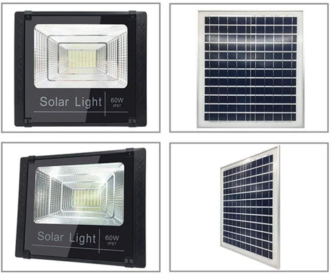 JUDYSSY Solar Flood Lights 60W Solar Outdoor Patio Lighting, Bright Ip67 Flood Light Led ligent light control shown from multiple angles.