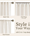 Semi Sheer Linen Living Room Curtains With Grommets Light Filtering Airy Cozy Privacy Drapes Natural Linen Blend For Bedroom Two Panels Size W52 By L95 Easy Hang OEKO TEX Certified showing three hanging styles: back tab, clip rings, and rod pocket.