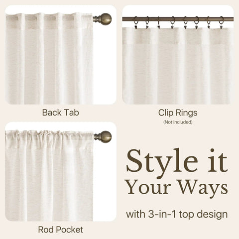 Semi Sheer Linen Living Room Curtains With Grommets Light Filtering Airy Cozy Privacy Drapes Natural Linen Blend For Bedroom Two Panels Size W52 By L95 Easy Hang OEKO TEX Certified showing three hanging styles: back tab, clip rings, and rod pocket.
