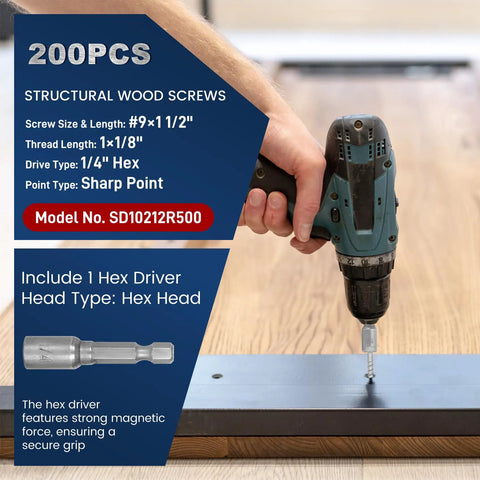 Heavy Duty Galvanized Joist Hanger And Decking Screws for framing being installed with a drill and hex socket on a wood surface.