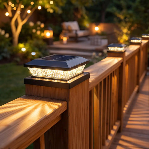 Slick 16 Pack Black Solar Post Cap Lights For 4X4 Wooden Or Vinyl Fences Waterproof dual tone LED on wooden railing at dusk.