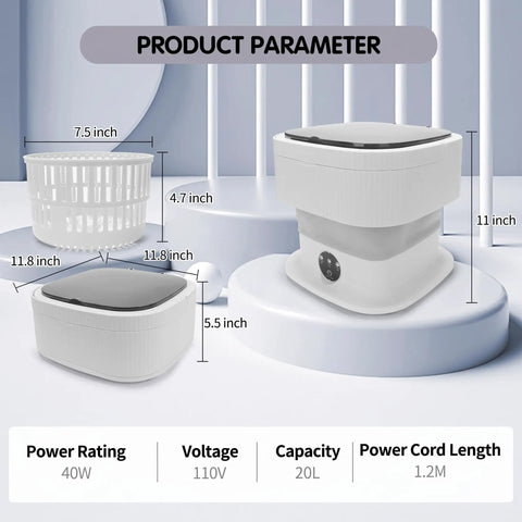 Collapsible Portable Washer With Fast Spin Cycle And 20L Capacity Built For Dorms Apartments Road Trippin Or Tailgate Gear Easy Snap Fold Design For Lazy Sundays Gray product dimensions and features.