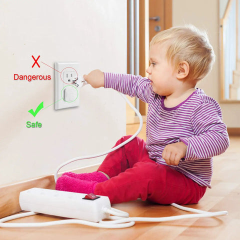 Outlet Covers 38 Pack White Kid Proof Electrical Plug Covers For Baby Safety And Home Protection in use by toddler