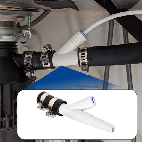 Versatile Dishwasher Drain Hose Adapter Kit with 1/4 Inch Quick Connect Fitting and 7/8 Inch Fitting installed under sink.