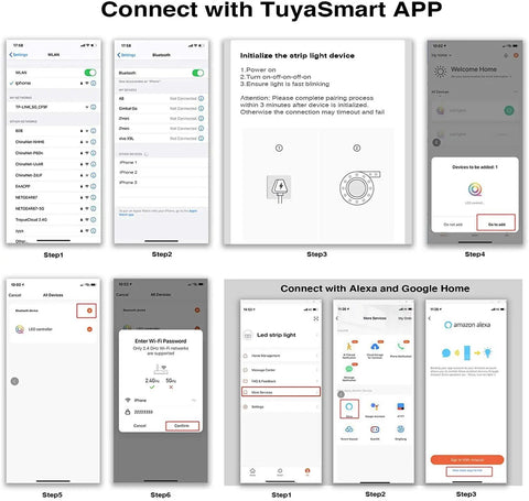 Instructional setup screens for 65 Ft RGB Smart LED Strip Lights With WiFi App Control And Voice Control Works With Alexa And Google Assistant