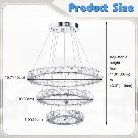 Modern LED Crystal Chandelier With Dope Three Ring Design, Adjustable Ceiling Light Fixture In Stainless Steel, Cool White 4500K 6000K, 52W, 85V-265V, Pendant Lighting For Living Room Dining Room Bedroom