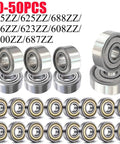 Deep Groove Mini Ball Bearings Set 10 To 50 Pcs 685ZZ 625ZZ 688ZZ 626ZZ Shielded Carbon Steel Bearings in assorted sizes displayed.