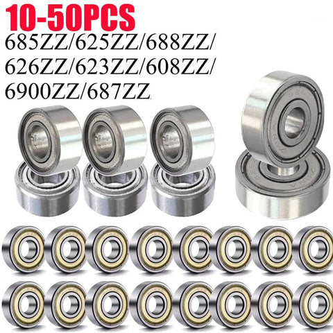 Deep Groove Mini Ball Bearings Set 10 To 50 Pcs 685ZZ 625ZZ 688ZZ 626ZZ Shielded Carbon Steel Bearings in assorted sizes displayed.