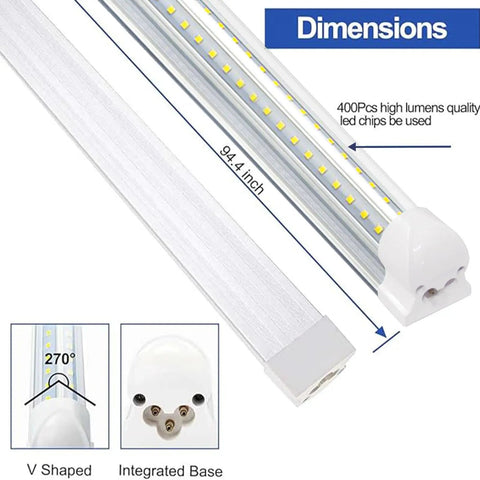 V Shaped 72W LED Shop Lights With 7200 Lumens Daylight White 6500K 8 Foot Integrated Fixture T8 Tube dimensions and features
