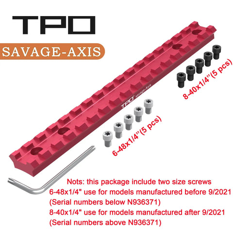 Red Picatinny Rail Mount for Savage Axis rifles with included 6-48x1/4 and 8-40x1/4 screws shown with hex key.