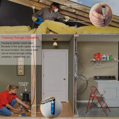 Image showing Coax Cable Finder Kit Pocket Toner And Continuity Tracer With Light And Buzzer Voltage Toner in use tracing RG6 RG59 cable through walls and ceiling.