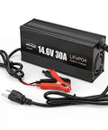 Fast 12V LiFePO4 Battery Charger With 14.6V Output, 30A High Current, black casing, with cables and clamps