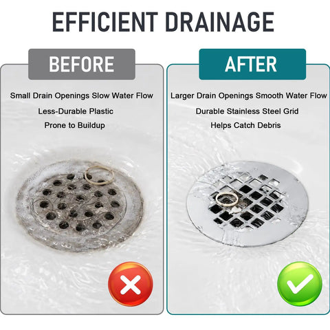 Before and after comparison of Slick Two Inch No Caulk Pvc Compression Shower Drain With Four Point Two Five Inch Knockout Steel Grate.