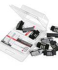 Easy Fix For Loose Outlets And Switches With Electrical Wall Box Repair Clips 10 Pack No Drywall Cut Required No Mess Quick In Wall Mount Solution For Home DIY, image showing black clips in open clear box with instructions.