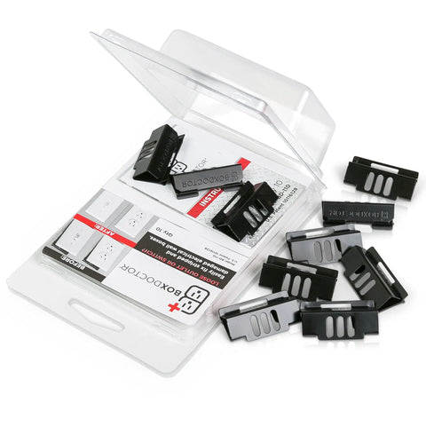 Easy Fix For Loose Outlets And Switches With Electrical Wall Box Repair Clips 10 Pack No Drywall Cut Required No Mess Quick In Wall Mount Solution For Home DIY, image showing black clips in open clear box with instructions.