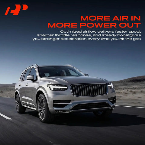 Silver SUV driving on open road with text 'More Air In, More Power Out' showcasing improved acceleration benefits.