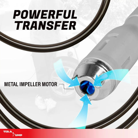 Close-up of Next Gen Gas Can Pump With Ergonomic Non Spill Auto Stop Nozzle And Vinyl Discharge Hose showing metal impeller motor