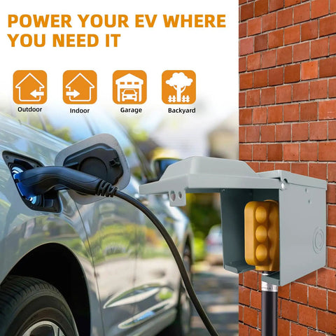 Ready To Roll 50 Amp Electric Vehicle Charging Outlet Box With Durable Weatherproof Type Three R Enclosure for indoor and outdoor use.