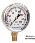 Measuring gauge, 2-1/2 in dial glycerin-filled plumbing pressure gauge, 0–160 psi, stainless steel case, 1/4 in NPT