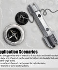 Tub Drain Remover Wrench Dual Ended Zinc Alloy Tool next to sink and plug, ideal for bathroom and bathhouse use, durable design.