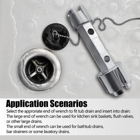 Tub Drain Remover Wrench Dual Ended Zinc Alloy Tool next to sink and plug, ideal for bathroom and bathhouse use, durable design.