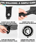 Step-by-step guide for inflating a tire-shaped foil balloon from the Lit Race Car Balloons Checkered Flag And Tire Balloons Red Black White Latex 12 Inch 35 Piece Party Decor Kit.