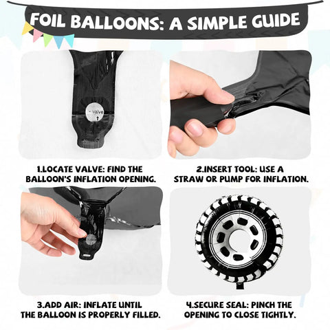 Step-by-step guide for inflating a tire-shaped foil balloon from the Lit Race Car Balloons Checkered Flag And Tire Balloons Red Black White Latex 12 Inch 35 Piece Party Decor Kit.