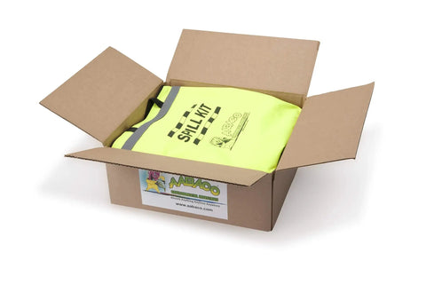 Universal Spill Kit For Oil And Chemical Spills, Portable High-Visibility Yellow Tote in open box, absorbent pads visible