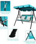Three Seat Patio Swing With Steel Frame And Adjustable Canopy, All Weather Resistant Rocking Bench For Cozy Patio, Garden, Poolside Or Balcony, Turquoise Finish detail view with spring hook and footpads