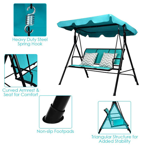 Three Seat Patio Swing With Steel Frame And Adjustable Canopy, All Weather Resistant Rocking Bench For Cozy Patio, Garden, Poolside Or Balcony, Turquoise Finish detail view with spring hook and footpads