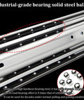 Close-up of ball bearings on heavy duty 46 inch drawer slides with lock, 480 pound capacity, full extension ball bearing.