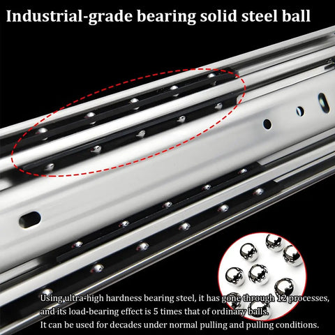 Close-up of ball bearings on heavy duty 46 inch drawer slides with lock, 480 pound capacity, full extension ball bearing.