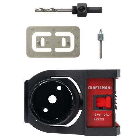 Craftsman door lock installation kit with bi-metal hole saw, backset plate, and red/black housing (front view)