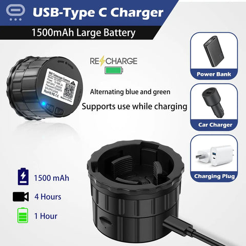 WiFi Eyepiece For Telescope And Microscope, HD 2K Image Amplifier, USB-Type C charger, 1500mAh battery, multiple charge options.