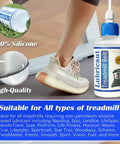 Silicone Treadmill Belt Lubricant Kit With 8.4 Oz Bottle next to running shoe on treadmill