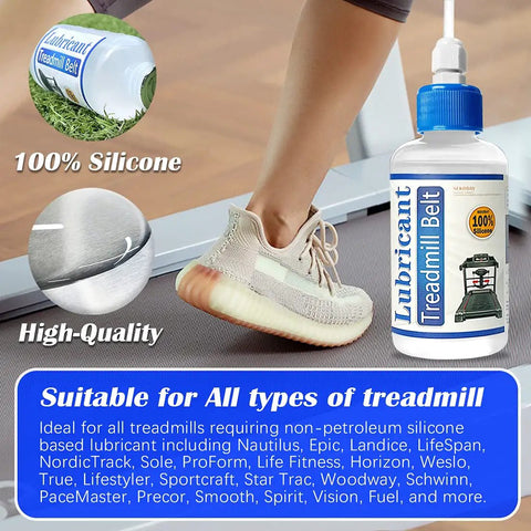 Silicone Treadmill Belt Lubricant Kit With 8.4 Oz Bottle next to running shoe on treadmill
