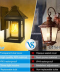 Comparison of solar powered outdoor wall lanterns: modern vs. weathered design, highlighting waterproof features and lighting modes.