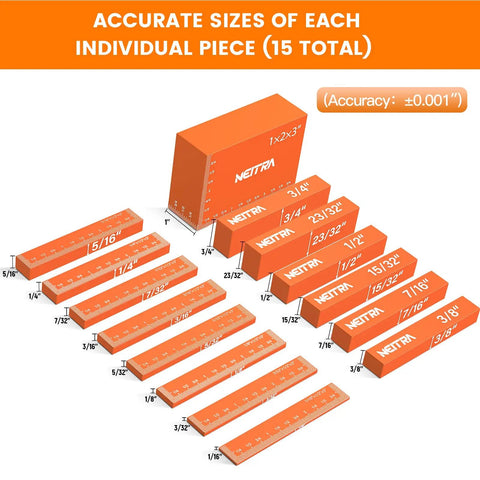 Pro Woodworking Setup Blocks Aluminum Height Gauge Set 15 Pcs Machined To 0.001 Inch Accuracy displayed with sizes labeled